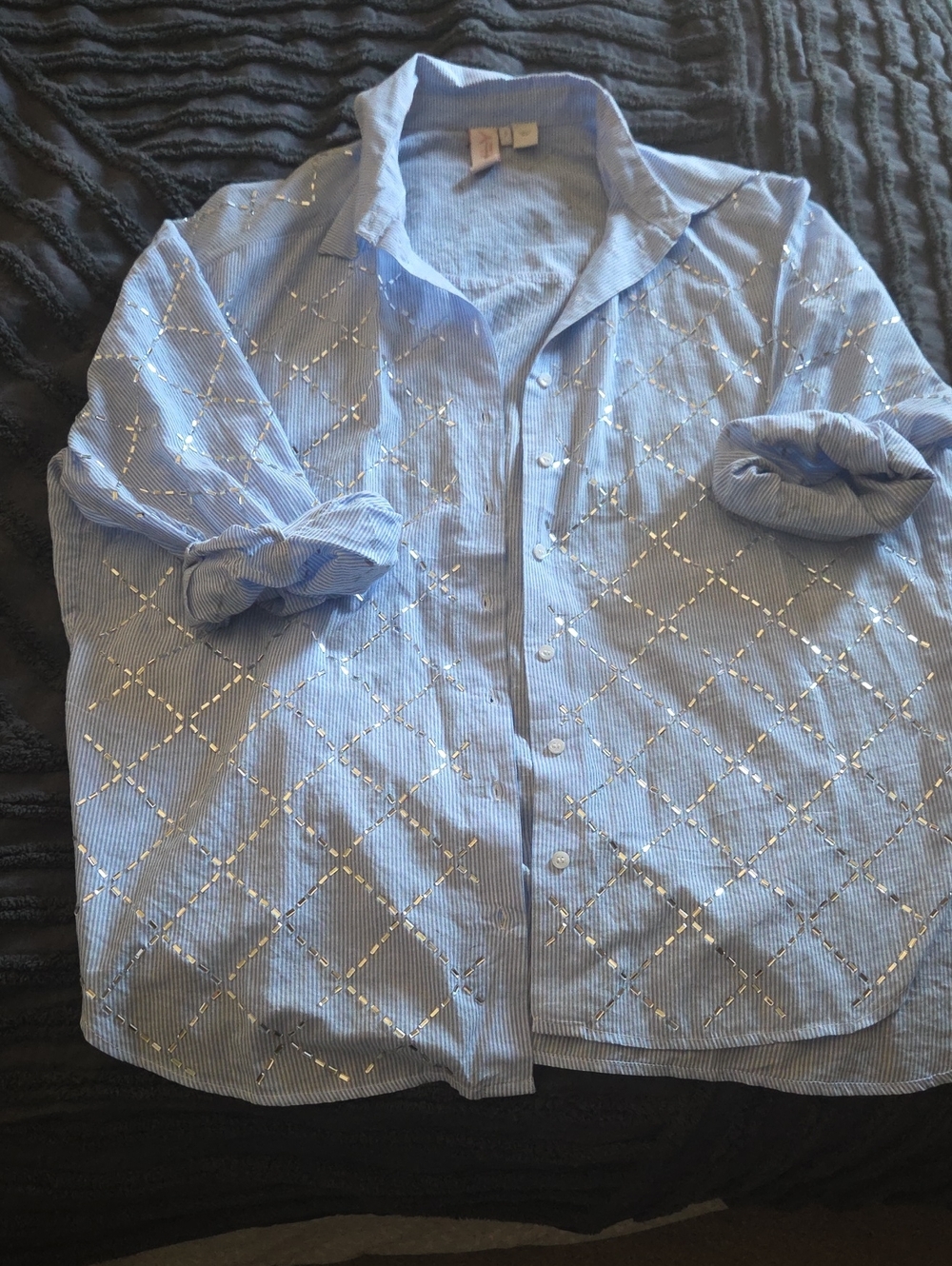 I Light Blue and White Striped Button-Up Shirt With BLING.  Oversized Small!!
